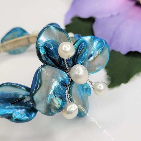 BLUE Sea Shell and Pearl Adjustable Cuff Bracelet - Picture 6 of 9